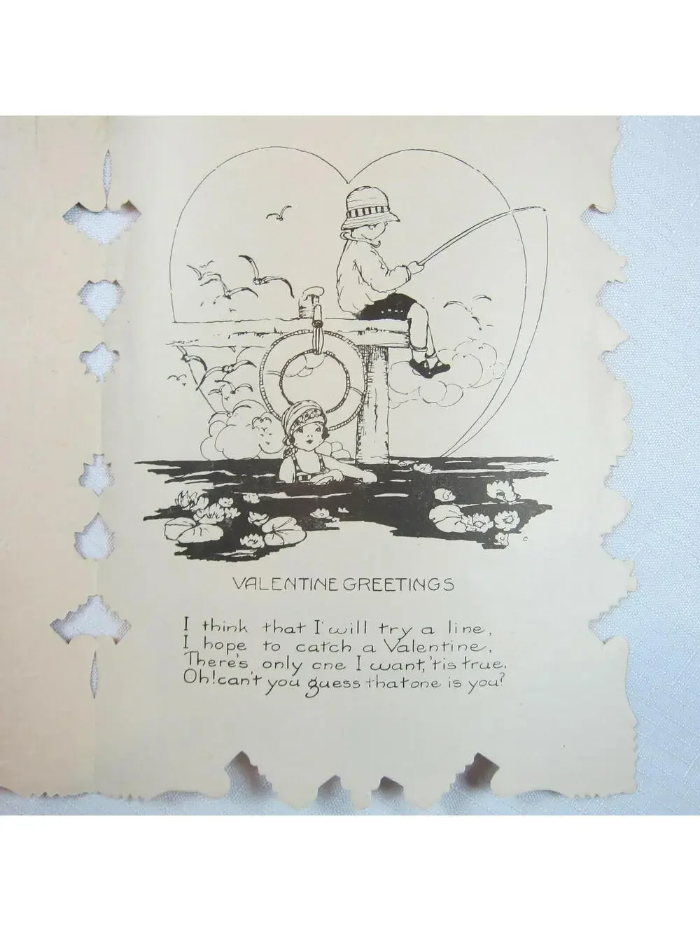 Vintage Valentine 1920s Die Cut Paper Lace XL Boy Wheelbarrow Girl & Cat Fishing